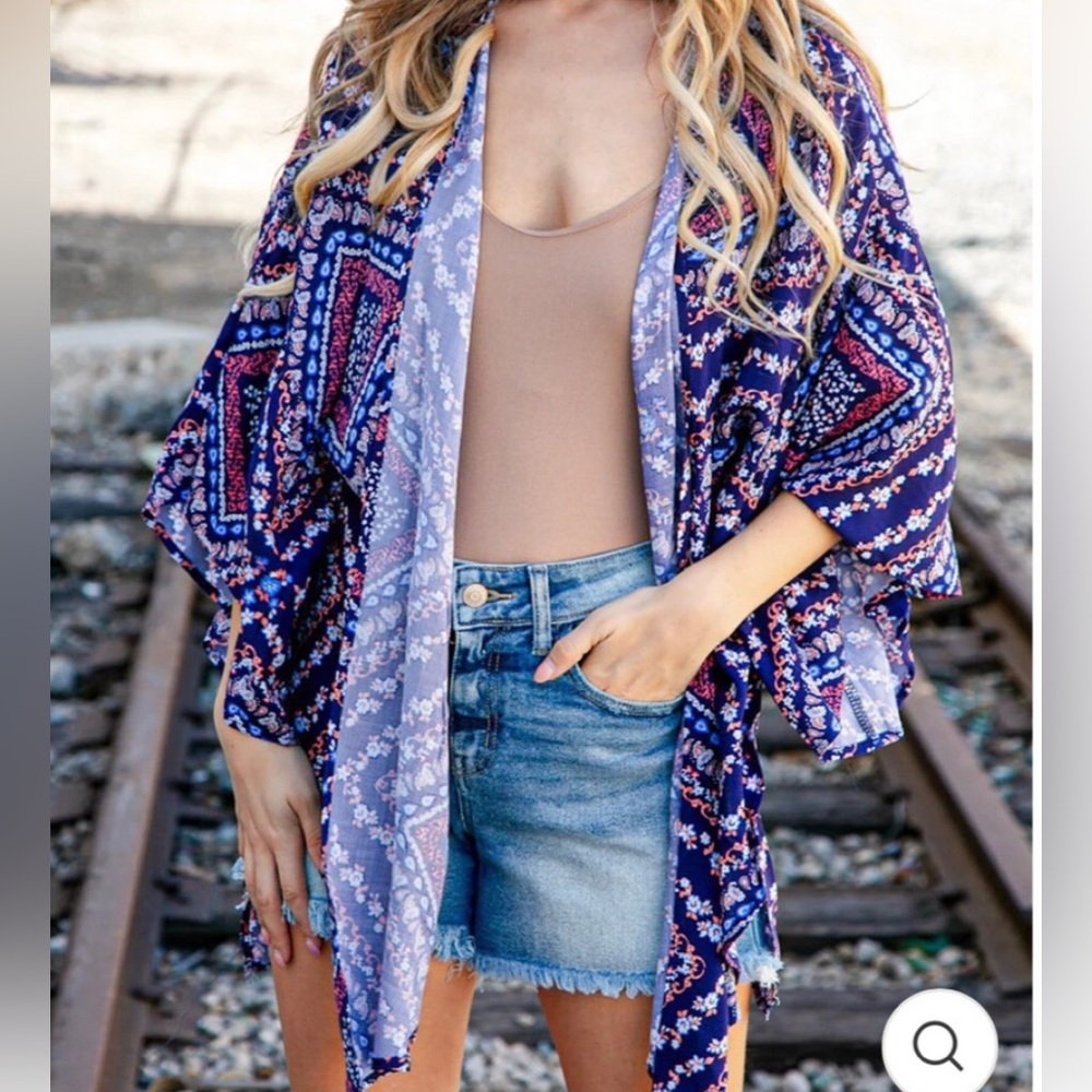 NWOT boho blue print side slits Kimono size 2x